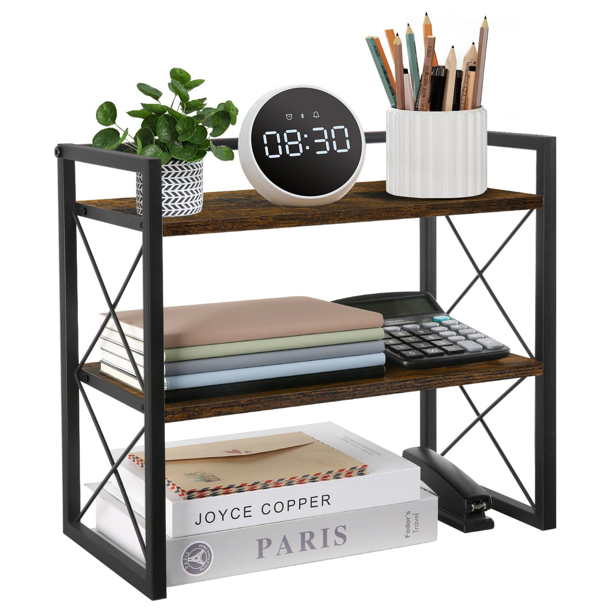 YINMIT Desktop Shelf Organizer, 2 Tier Office Shelves, Wood Desk Organizer Storage Rack and Freestanding Display Shelf for Office, Dormitory, Home(Black)