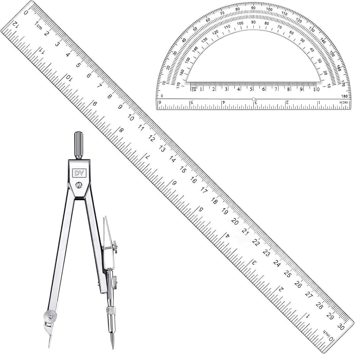 3 Pcs Clear Protractor and Compasses Set, Plastic Clear Ruler 12 Inch