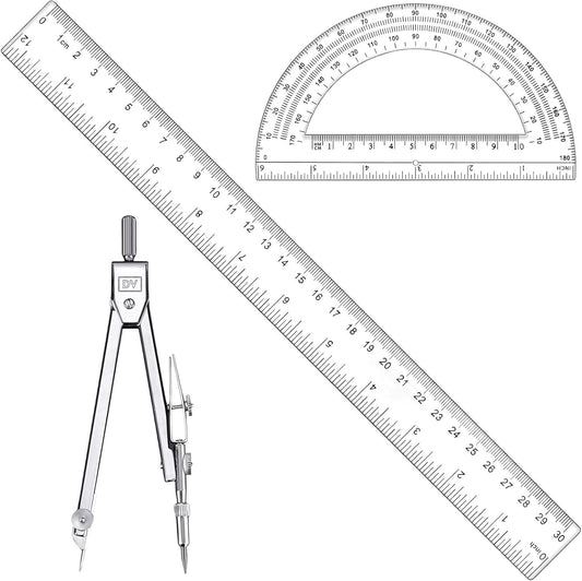 3 Pcs Clear Protractor and Compasses Set, Plastic Clear Ruler 12 Inch