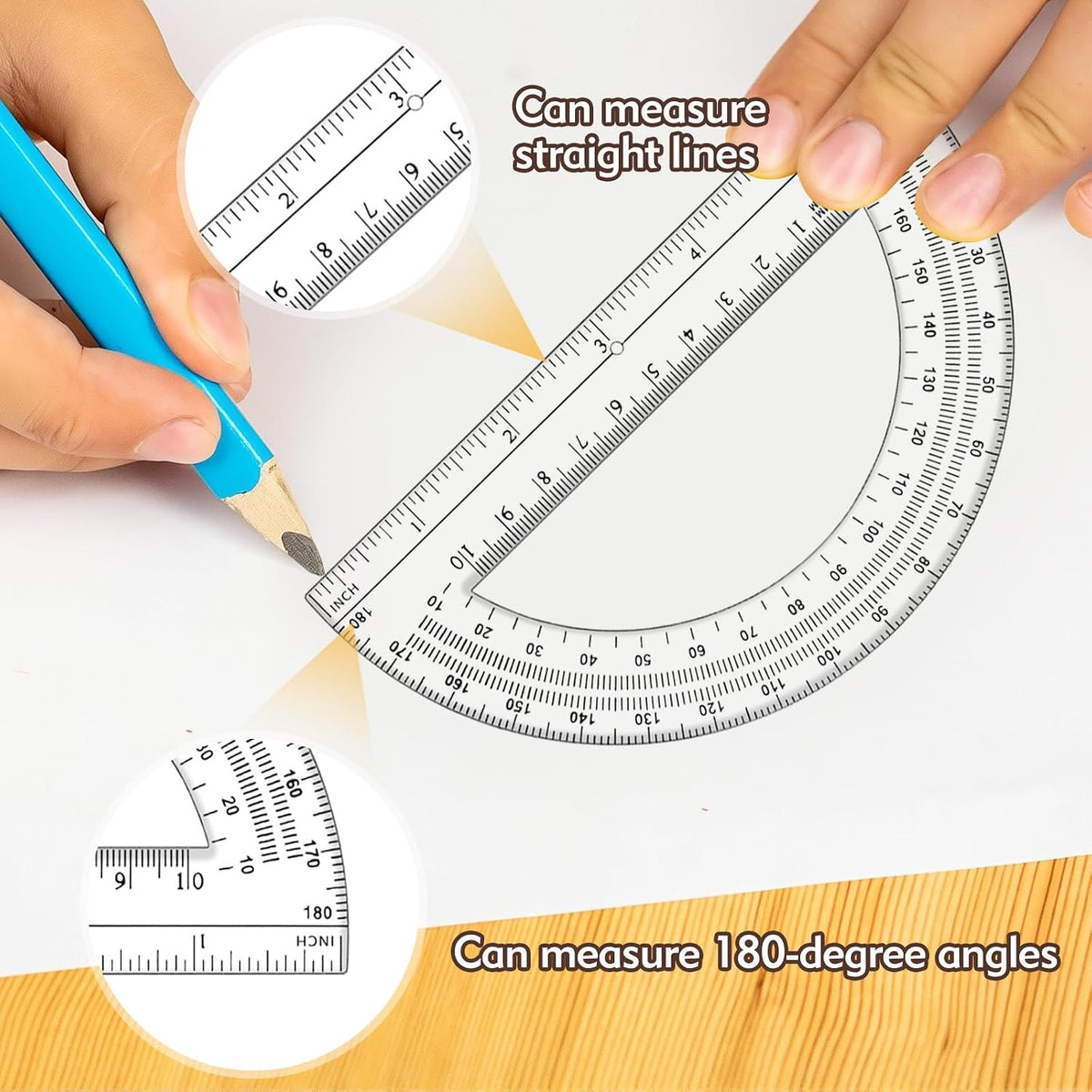 3 Pcs Clear Protractor and Compasses Set, Plastic Clear Ruler 12 Inch