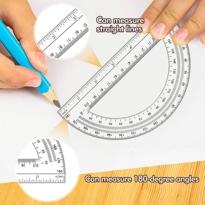 3 Pcs Clear Protractor and Compasses Set, Plastic Clear Ruler 12 Inch