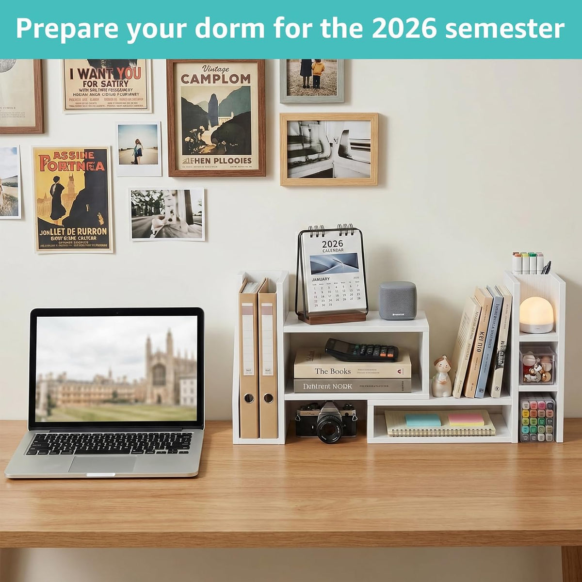 Desktop Shelf Desk Organizer File Holder - Dorm College Desk Bookshelf, Adjustable White Wood Shelving, Small Countertop Bookcase for Office Supplies, Student Study Desk & Home Organization Rack
