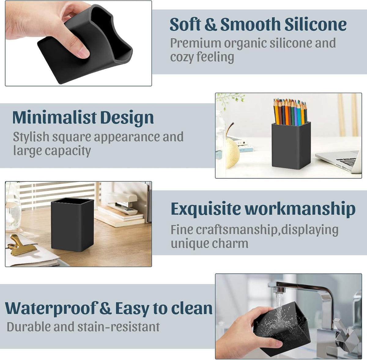 Pen Holder for Desk,Nordic Elegance Square Silicone Pencil Holder Soft Minimalist Desk Pen Cup Stand Waterproof Multifunctional Office Supplies for Home,Kids and School(Black)