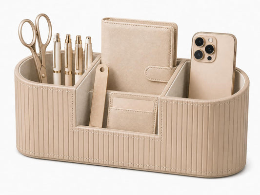 KINGFOM Aesthetic Desk Organizer for Women, Luxury Faux Leather Desk Accessories with 4 Compartments, Minimalist Vanity Organizer for Makeup Brushes, Beige Office Decor for Home, Bedroom & Workspace