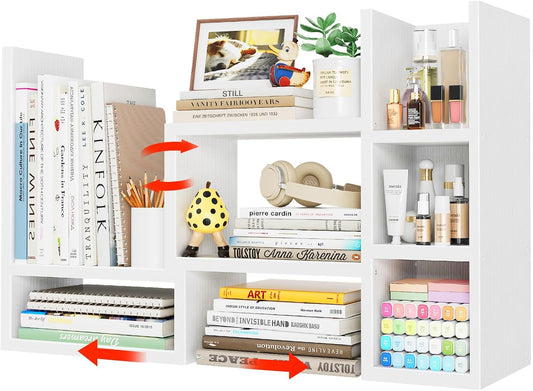 NUTIKAS Desk Shelves Desktop Organizer Shelf - White Office Organization for Top of Desk Organizers and Accessories Corner Bookshelf Table Top Shelving Small Hutch Decorations for Women Office