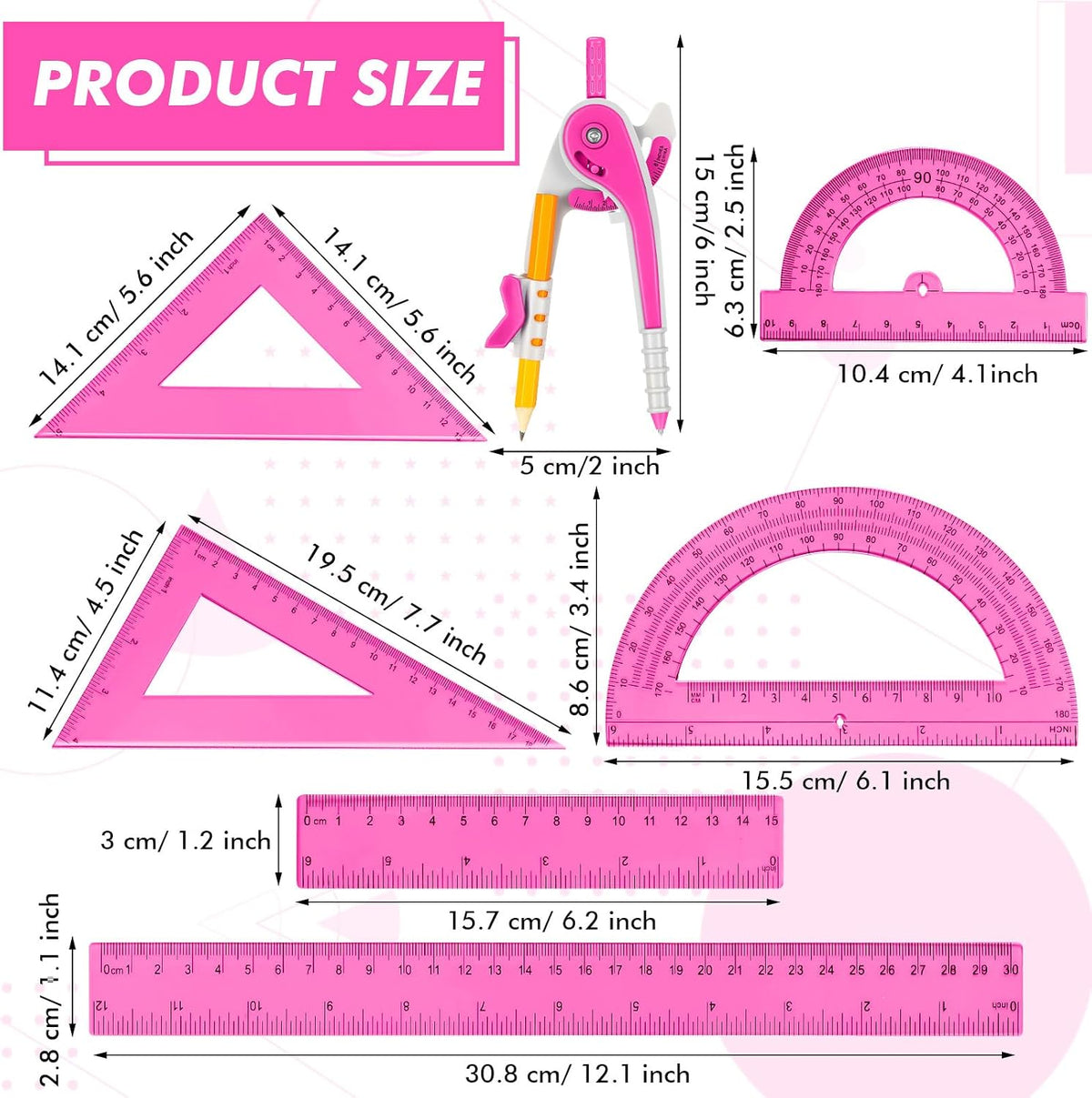Zonon 7 Pcs Geometry Math Set with Compass Protractor Rulers, Pink