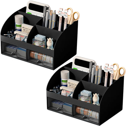 COMFYROOM Desk Organizer with 6 Compartments and 2 Drawers, Plastic Makeup Organizer, Pen Holder for Desktop Storage, Desk Organization for School, Home, Office Supplies (Black)