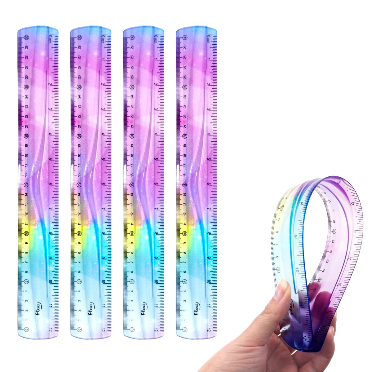 2 PCS 12 Inch Flexible Ruler, Bendable Plastic Ruler, Soft Bendable Gradient Colour Rulers with Centimeters and Inches for Student School Classroom Office Supplies