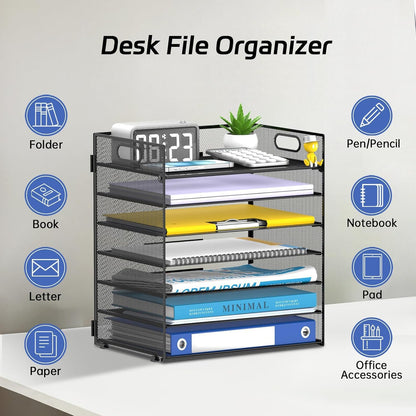 7 Tier Paper Organizer for Desk with Letter Trays & Handle Black