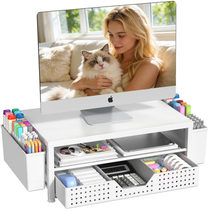 OPNICE Desk Organizers and Accessories, Computer Monitor Stand Riser with Drawer and 2 Pen Holders, Printer & Laptop Stand, Office Desk Accessories & Workspace Organizers for Home Office Supplies, Black