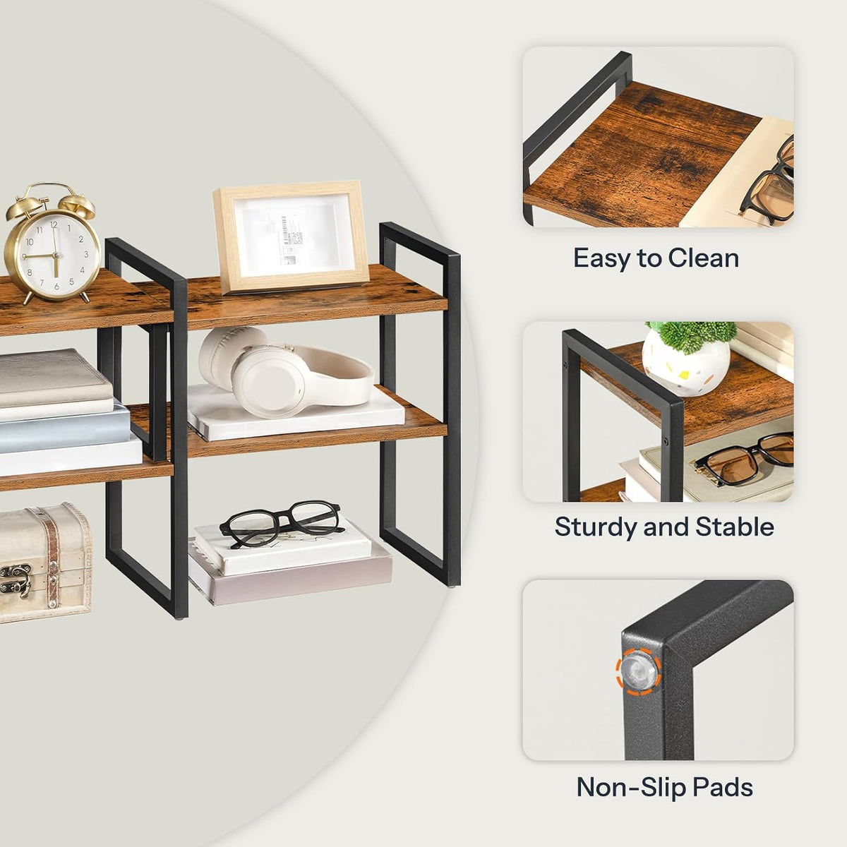 HOOBRO Desk Shelf Organizer, Adjustable Desktop Bookshelf,Wooden Office Storage Rack for Top of Desk,Office, Study, Kitchen, Dorm, Rustic Brown and Black BF39SJ01