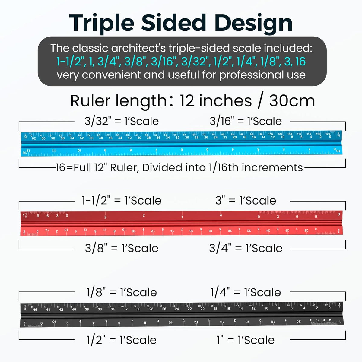 Rena Chris Architectural Scale Ruler: 12" Imperial Aluminum Alloy Metal Architecture Measuring Tools, Engineering Drafting Construction Drawing Blueprints Triangular Architect Scaling Rulers 12 Inches