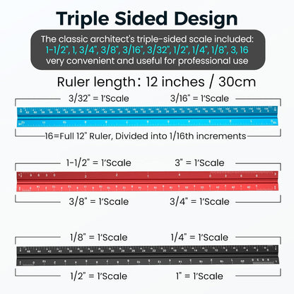 Rena Chris Architectural Scale Ruler: 12" Imperial Aluminum Alloy Metal Architecture Measuring Tools, Engineering Drafting Construction Drawing Blueprints Triangular Architect Scaling Rulers 12 Inches