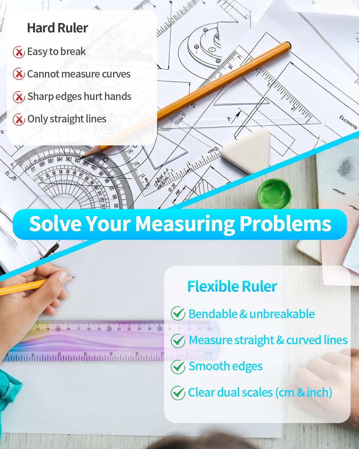 2 Pcs 12 Inch Flexible Ruler, Bendable Plastic Ruler, Gradient-Colored Flexible Rulers with Centimeters and Inches for Students, School, Classroom and Office Use