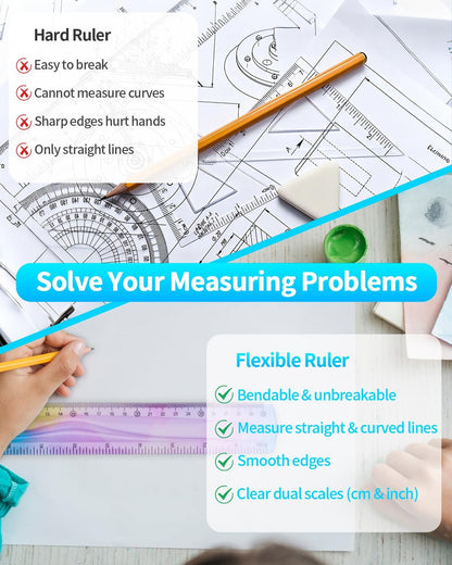 2 Pcs 12 Inch Flexible Ruler, Bendable Plastic Ruler, Gradient-Colored Flexible Rulers with Centimeters and Inches for Students, School, Classroom and Office Use