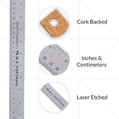 WA Portman Metal Ruler 12'', Metric Edge Corkback Stainless Steel Ruler
