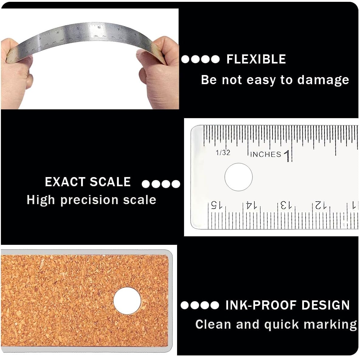 12 Inch Metal Ruler Stainless Steel Metal Ruler with Cork Backing, Non-Slip Rulers with Inch and Centimeters, Straight Edge Cork Base Rulers for Student School Office Drafting Tools