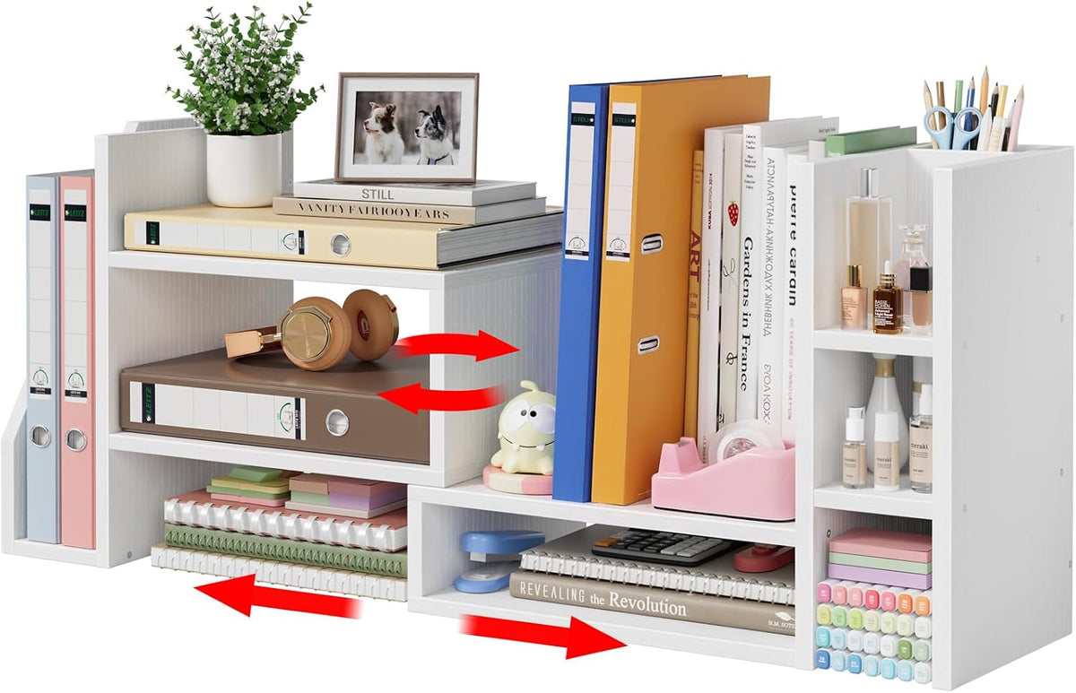 Desktop Shelf Desk Organizer File Holder - Dorm College Desk Bookshelf, Adjustable White Wood Shelving, Small Countertop Bookcase for Office Supplies, Student Study Desk & Home Organization Rack