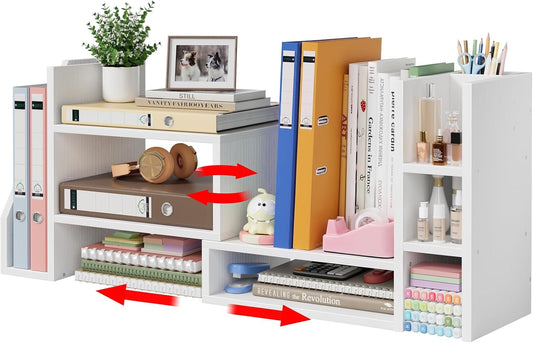 Desktop Shelf Desk Organizer File Holder - Dorm College Desk Bookshelf, Adjustable White Wood Shelving, Small Countertop Bookcase for Office Supplies, Student Study Desk & Home Organization Rack