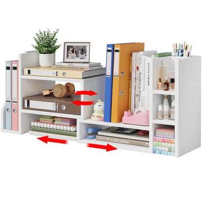 Desktop Shelf Desk Organizer File Holder - Dorm College Desk Bookshelf, Adjustable White Wood Shelving, Small Countertop Bookcase for Office Supplies, Student Study Desk & Home Organization Rack