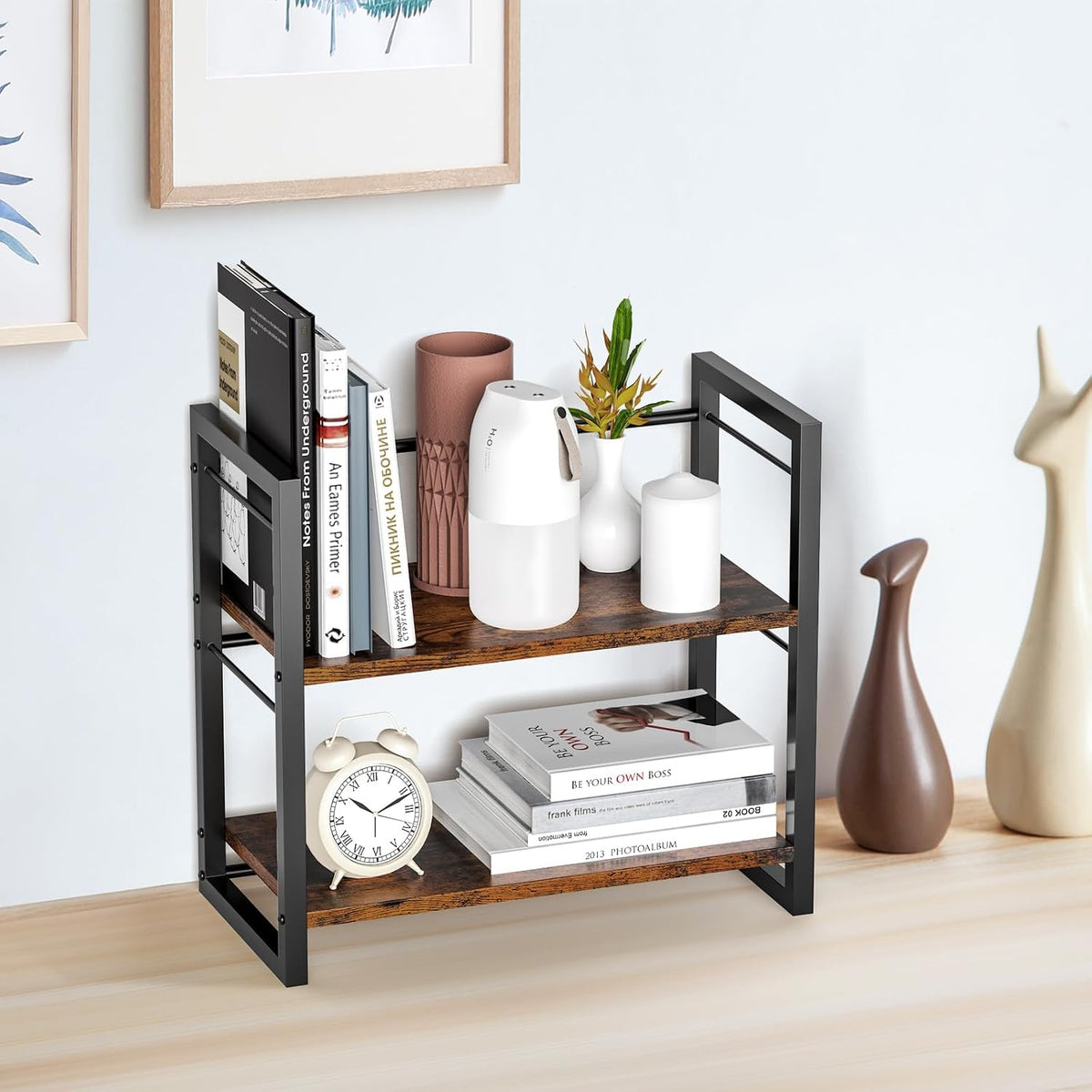 Office Desk Shelf Organizer, Wood Desktop Bookshelf Supplies Storage Rack, Shelf for Top of Desk and Dresser (Brown-2 Tier)