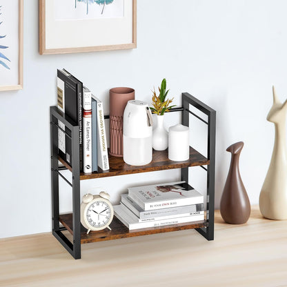 Office Desk Shelf Organizer, Wood Desktop Bookshelf Supplies Storage Rack, Shelf for Top of Desk and Dresser (Brown-2 Tier)