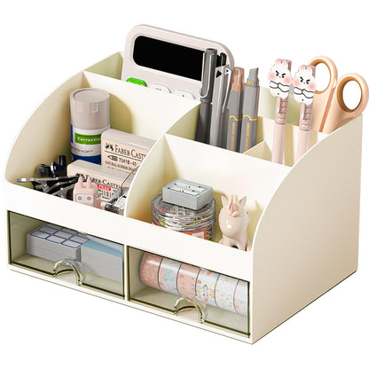 COMFYROOM Desk Organizer with 6 Compartments and 2 Drawers, Plastic Makeup Organizer, Pen Holder for Desktop Storage, Desk Organization for School, Home, Office Supplies (White)