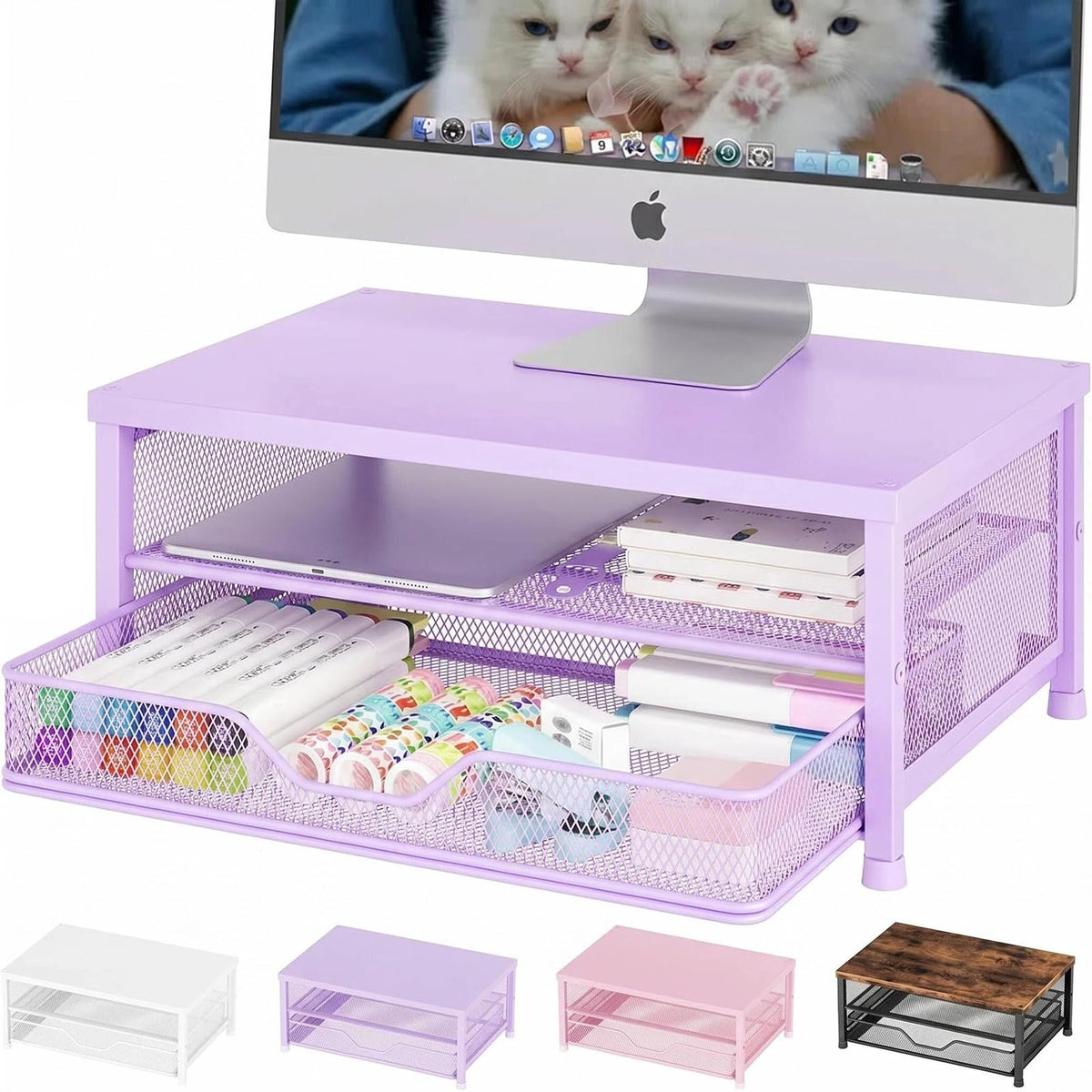 OPNICE Computer Monitor Stand Riser, Desk Organizer with Drawer, Printer & Laptop Stand, Office Desk Accessories & Workspace Desktop Organizers Storage for Office Supplies(Brown)