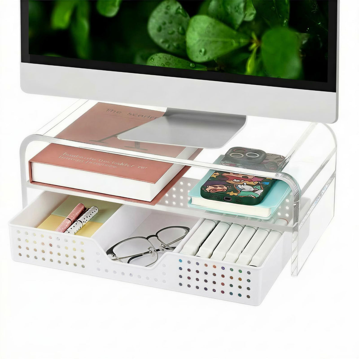 OPNICE Desk Organizer and Accessories, 2-Tier Computer Monitor Stand Riser with Drawer and 2 Pen Holders, Laptop Stand, Office Desk Accessories for Office Supplies, Black