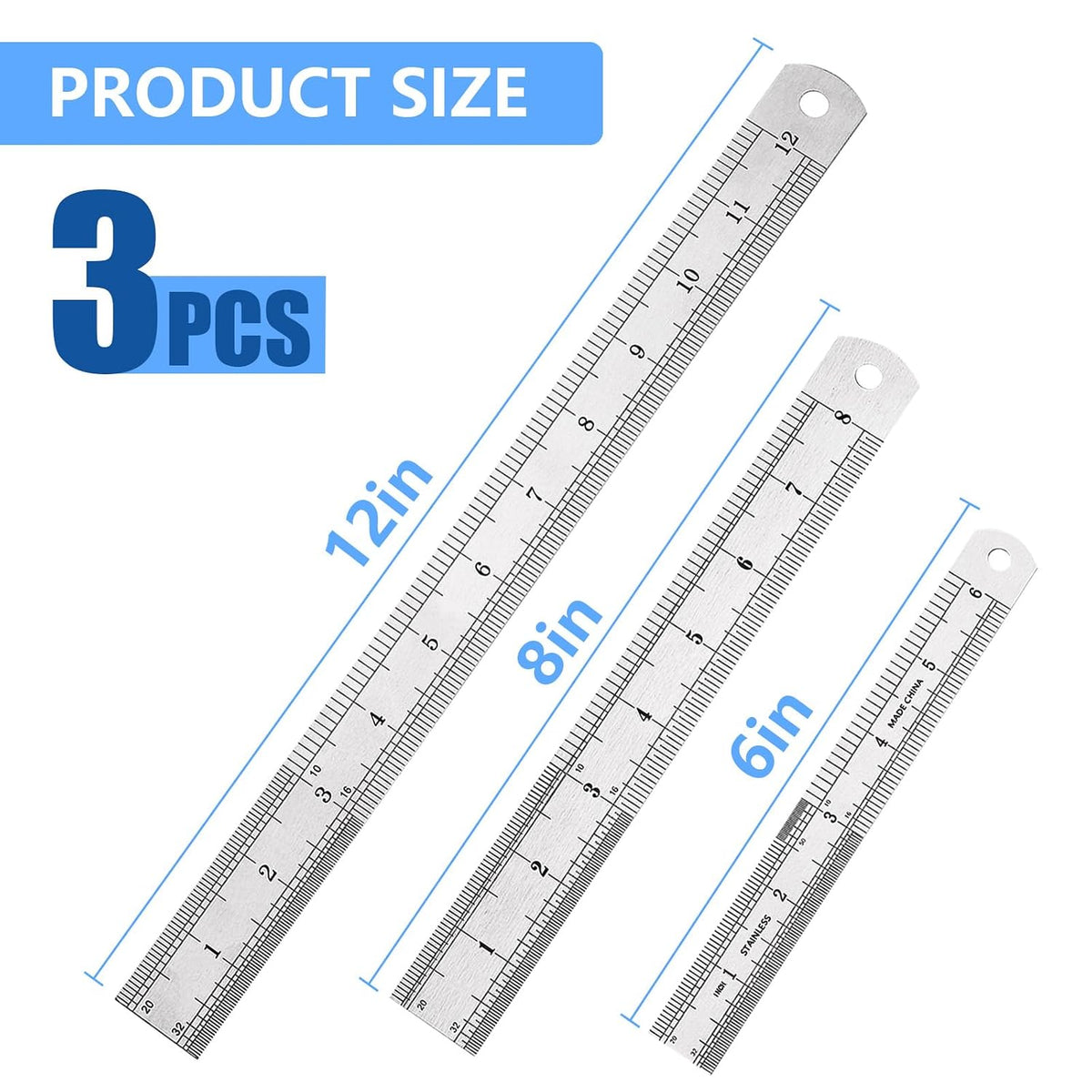 DTDNZKN 3 Pcs Stainless Steel Rulers, 6", 8", 12" (15cm,20cm,30cm)