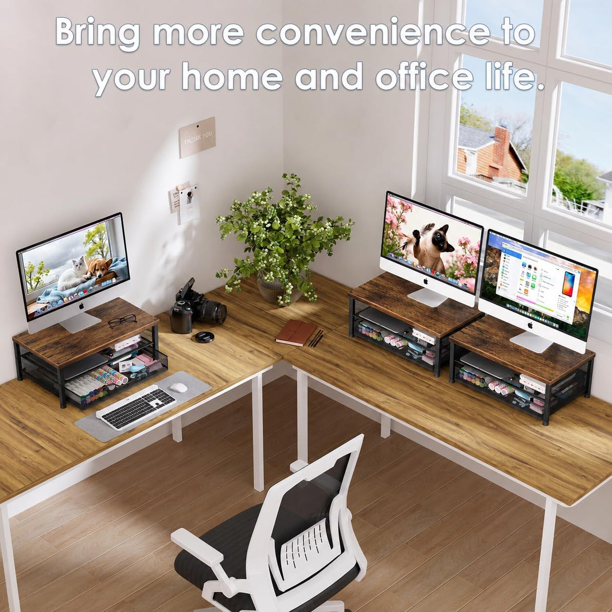 OPNICE Computer Monitor Stand Riser, Desk Organizer with Drawer, Printer & Laptop Stand, Office Desk Accessories & Workspace Desktop Organizers Storage for Office Supplies(Brown)