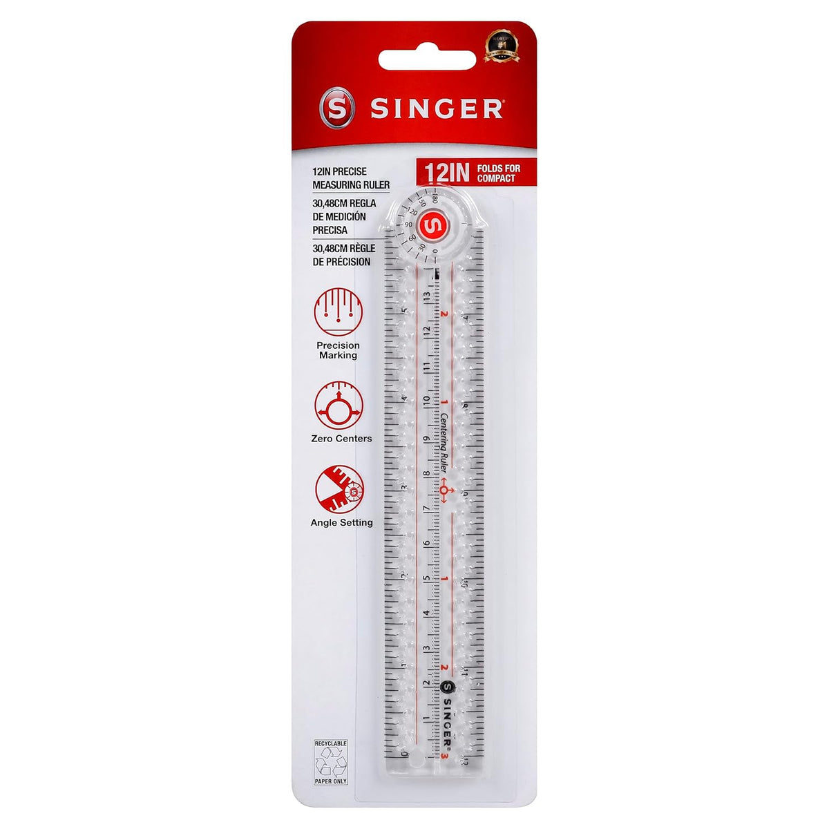 SINGER 12-Inch Folding Ruler with Precision Marking & Zero-Centering for Sewing, Quilting, Crafting & Patternmaking - Clear Metric Ruler - 15 Increment Quick Angle Ruler, Folds to 6”