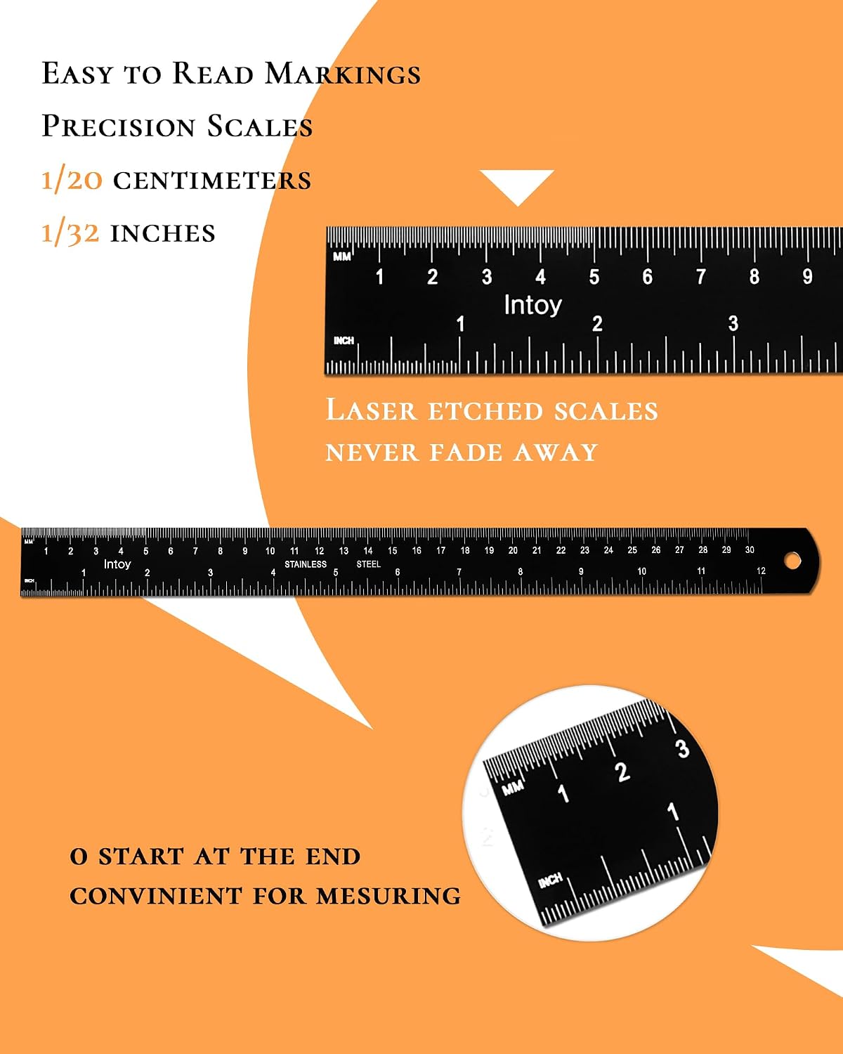 Metal Ruler 12 Inch 2 Pack, 30cm Stainless Steel Metric Ruler for Architects & Engineering, Professional Zero Start Straight Edge Ruler, Easy to Read Black Rule with Laser Etched Scales