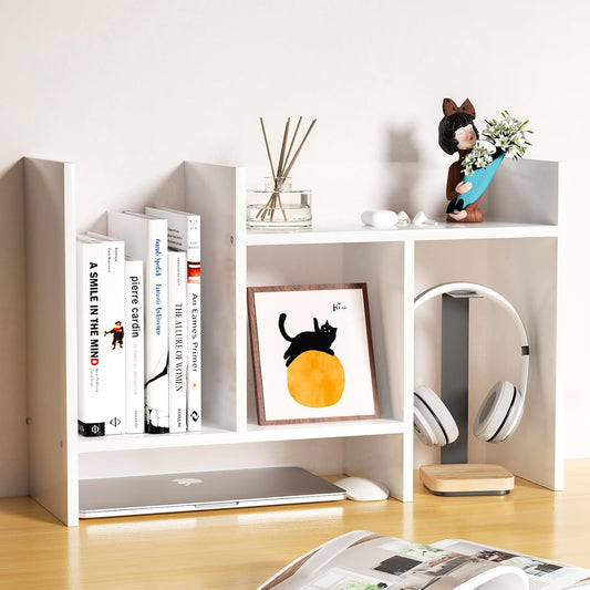 Desk Shelves Wood Desktop Orgnizer Shelf. Office Organization for Top of Desk Organizers and Accessories Bookshelf Shelving,Adjustable Tier H-Shape Mini Bookcase(White)
