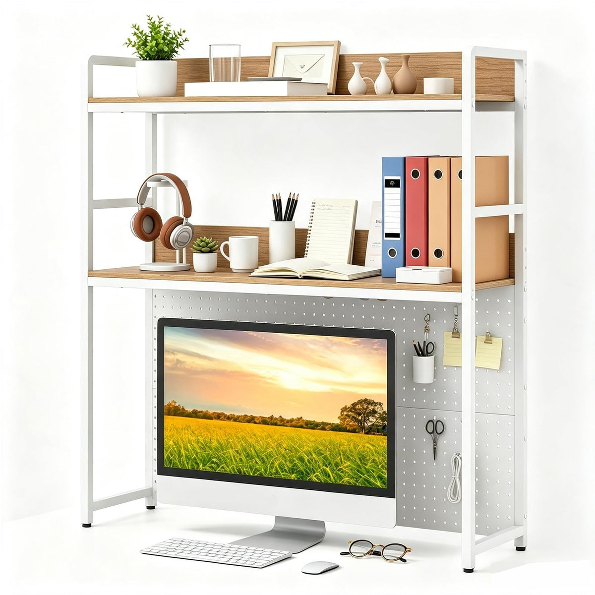 LDAILE 2-Tier Desk Hutch with Pegboard Desktop Organizer