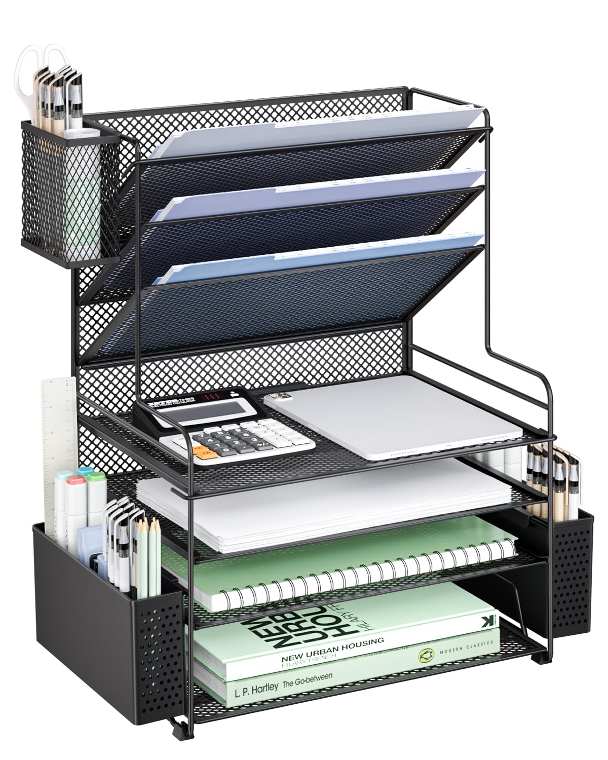 WALI Desk File Organizer, 4 Tier Desktop Paper Letter Tray Organizer with Drawer and 2 Pen Holders, Office Desk Accessories & Workspace Organizers for Office, Home Supplies(DO005DH-B), 1 Pack, Black