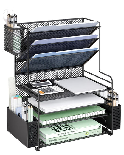 WALI Desk File Organizer, 4 Tier Desktop Paper Letter Tray Organizer with Drawer and 2 Pen Holders, Office Desk Accessories & Workspace Organizers for Office, Home Supplies(DO005DH-B), 1 Pack, Black
