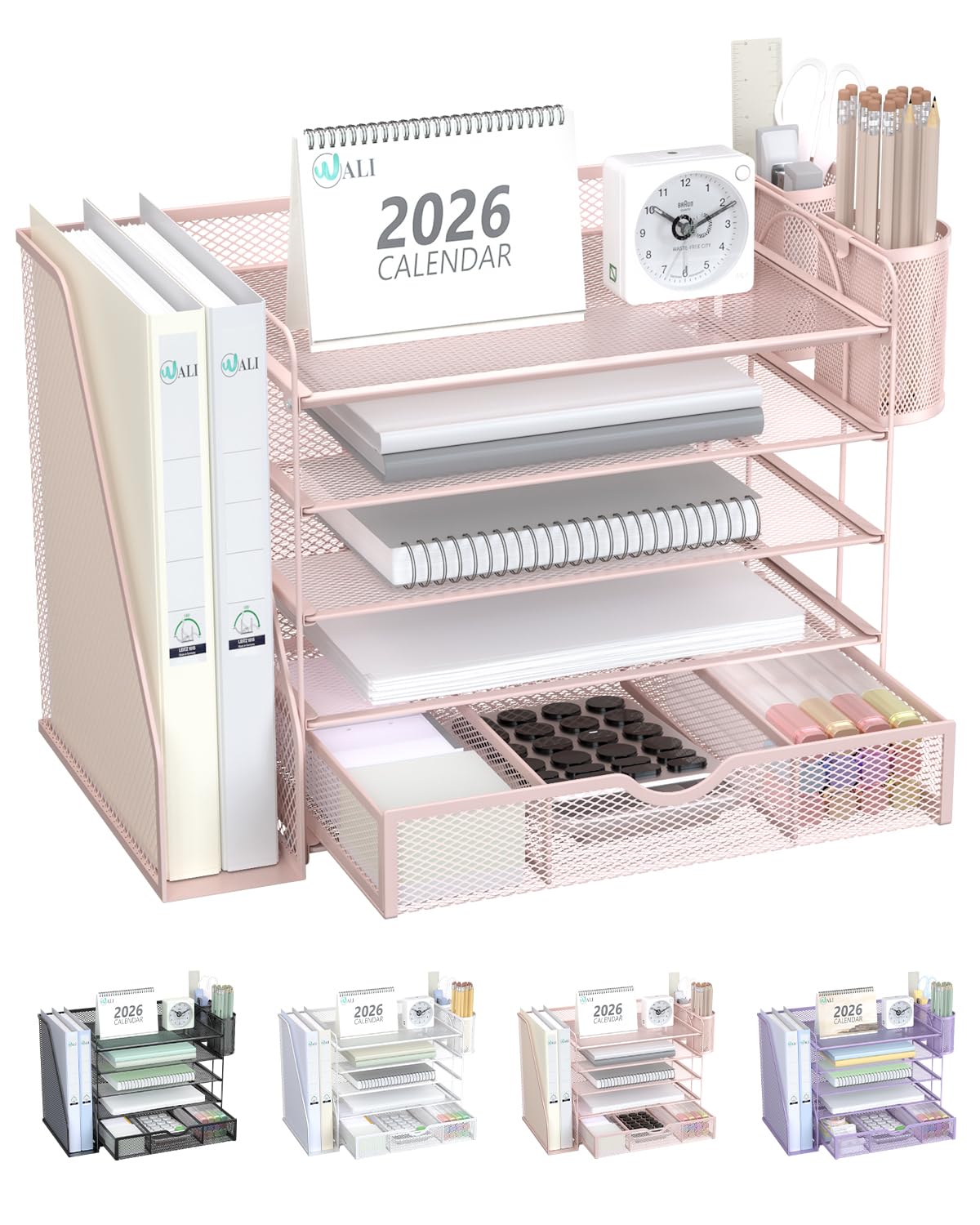 WALI Desk File Organizer, 4 Tier Desktop Paper Letter Tray Organizer with Drawer and 2 Pen Holders, Office Desk Accessories & Workspace Organizers for Office, Home, School Supplies, 1 Pack, Rose Gold