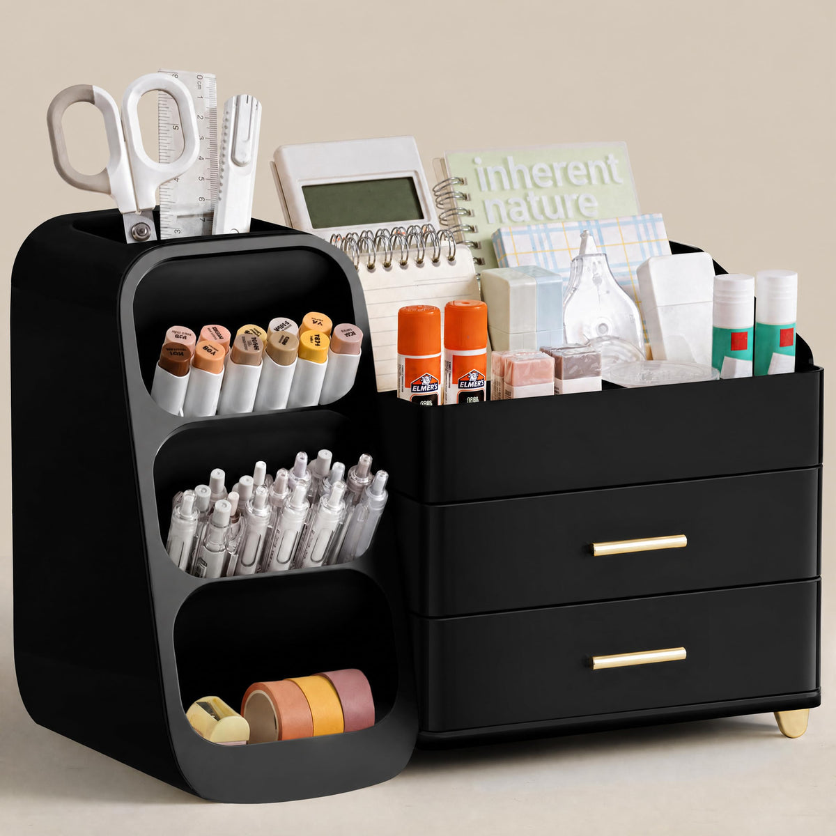 HBlife Desk Organizer with Pen Pencil Holder for Desk, Pen Organizer with 2 Drawers, Desk Organizers and Accessories with 4 Compartments, Desktop Storage for Office Home School Art Supplies, White