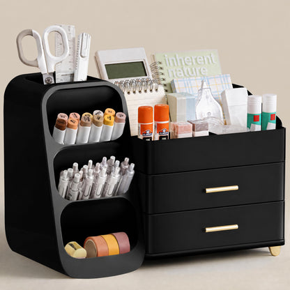 HBlife Desk Organizer with Pen Pencil Holder for Desk, Pen Organizer with 2 Drawers, Desk Organizers and Accessories with 4 Compartments, Desktop Storage for Office Home School Art Supplies, White
