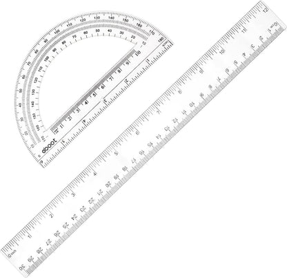 Zonon 2 Pcs 12 Inch Clear Ruler and 6 Inch Plastic Protractor Set, Clear