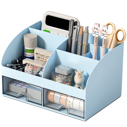 COMFYROOM Desk Organizer with 6 Compartments and 2 Drawers, Plastic Makeup Organizer, Pen Holder for Desktop Storage, Desk Organization for School, Home, Office Supplies (White)