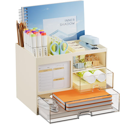 Marbrasse Desk Organizer with 3 Drawer, Multi-Functional Pencil Pen Holder for Desk, Desk Organizers and Accessories with 4 Compartments, Desktop Organizer Storage for Office Home Art Supplies (Black)
