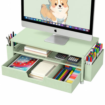 ECOLOVI Desk Organizer and Accessories, 2-Tier Computer Monitor Stand Rise with Storage Drawer & 2 Pen Holders, Laptop & Printer Stand for Desktop, Workspace Organizers for Office Supplies (Black)