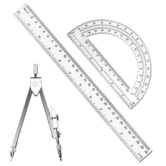 3 Packs Plastic 12 Inch Ruler,6 Inch Clear Protractor and Compasses Set Student Geometry Math Set for Classroom Set Angle Detector School Supplies Classroom Ruler Home Office Drawings