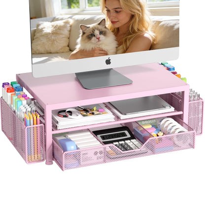 OPNICE Desk Organizers and Accessories, Computer Monitor Stand Riser with Drawer and 2 Pen Holders, Printer & Laptop Stand, Office Desk Accessories & Workspace Organizers for Home Office Supplies, Black