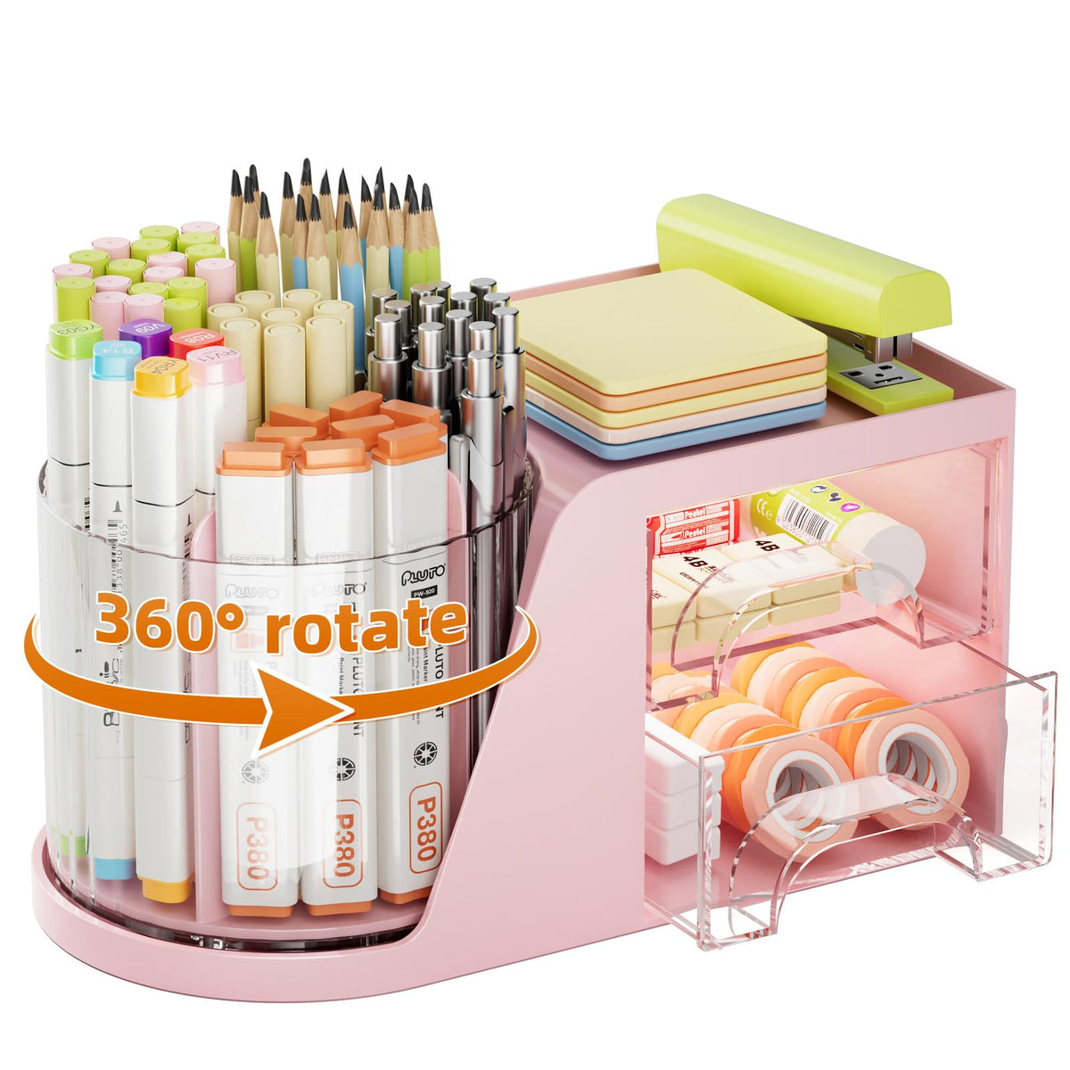 Marbrasse Desk Organizer with 2 Drawer, 360°Rotating Pen Holder, Desk Organizers and Accessories with 6 Slots Pencil Holder + 2 Drawer, Art Supply Storage Box Caddy for Office (Green)