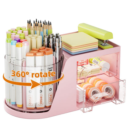 Marbrasse Desk Organizer with 2 Drawer, 360°Rotating Pen Holder, Desk Organizers and Accessories with 6 Slots Pencil Holder + 2 Drawer, Art Supply Storage Box Caddy for Office (Green)