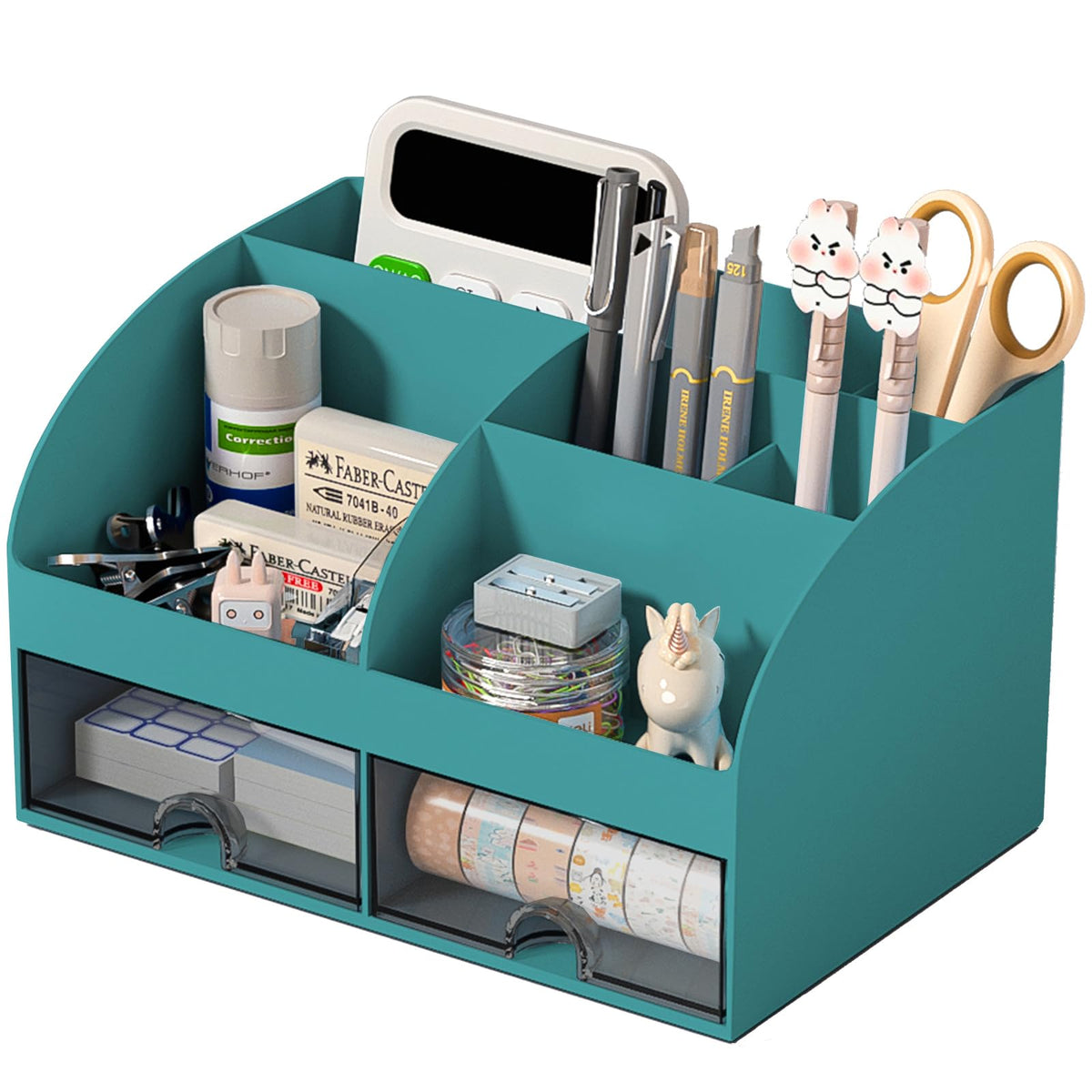 COMFYROOM Desk Organizer with 6 Compartments and 2 Drawers, Plastic Makeup Organizer, Pen Holder for Desktop Storage, Desk Organization for School, Home, Office Supplies (Black)