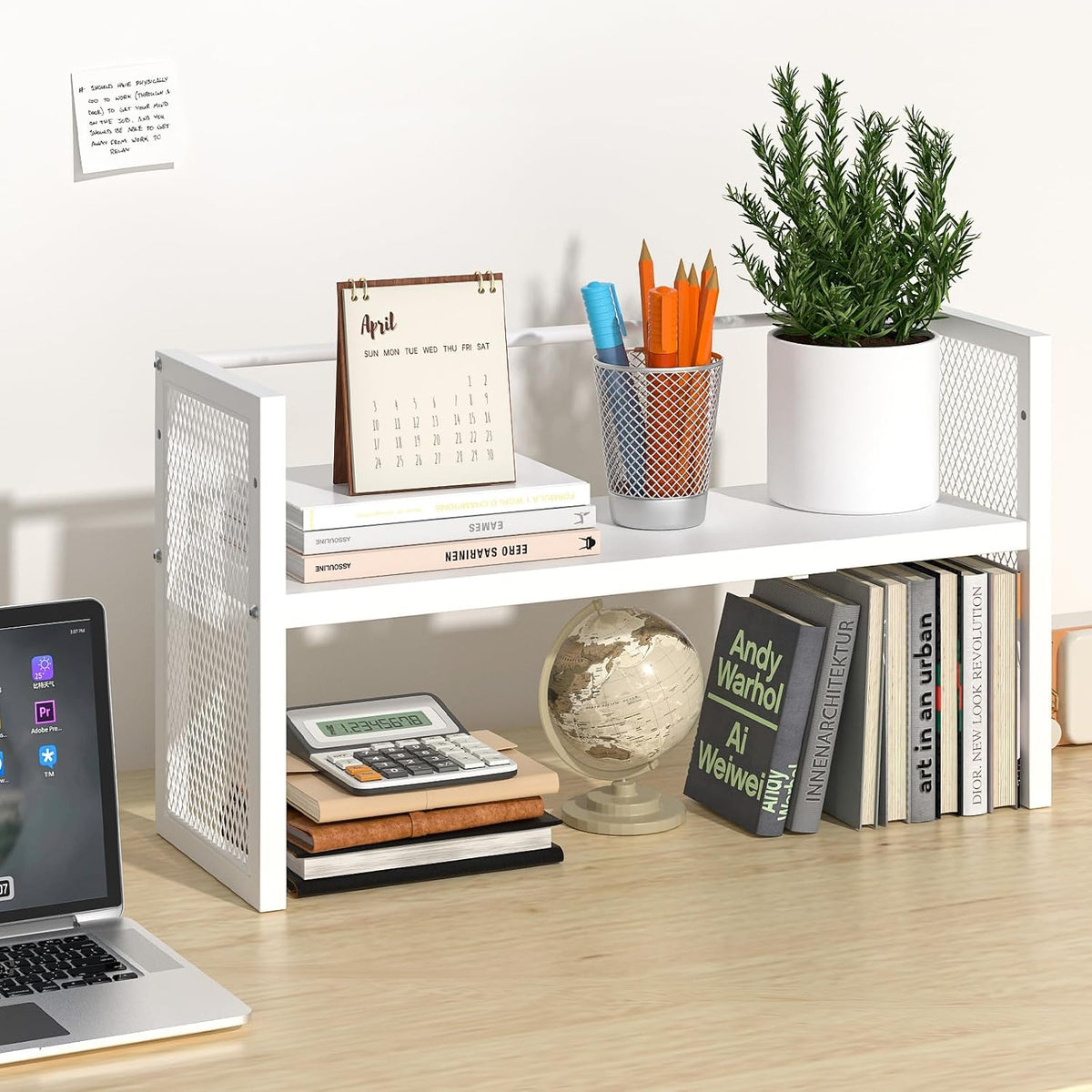 ThreeHio Expandable Desktop Bookshelf, Desk Shelf Organizer Adjustable Height, White Book Shelf for Top of Desk Organizers and Accessories, Metal Countertop Storage Display Rack for Home Office Dorm